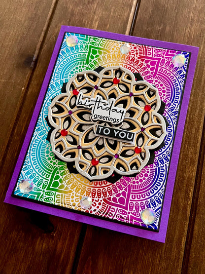 Gold and Silver Mandala on Rainbow Foil Background Birthday Greetings To You Card