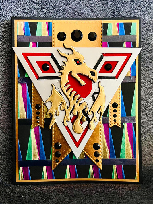 Gold Dragon Triangular Emblem with Gold Banners Blank Card