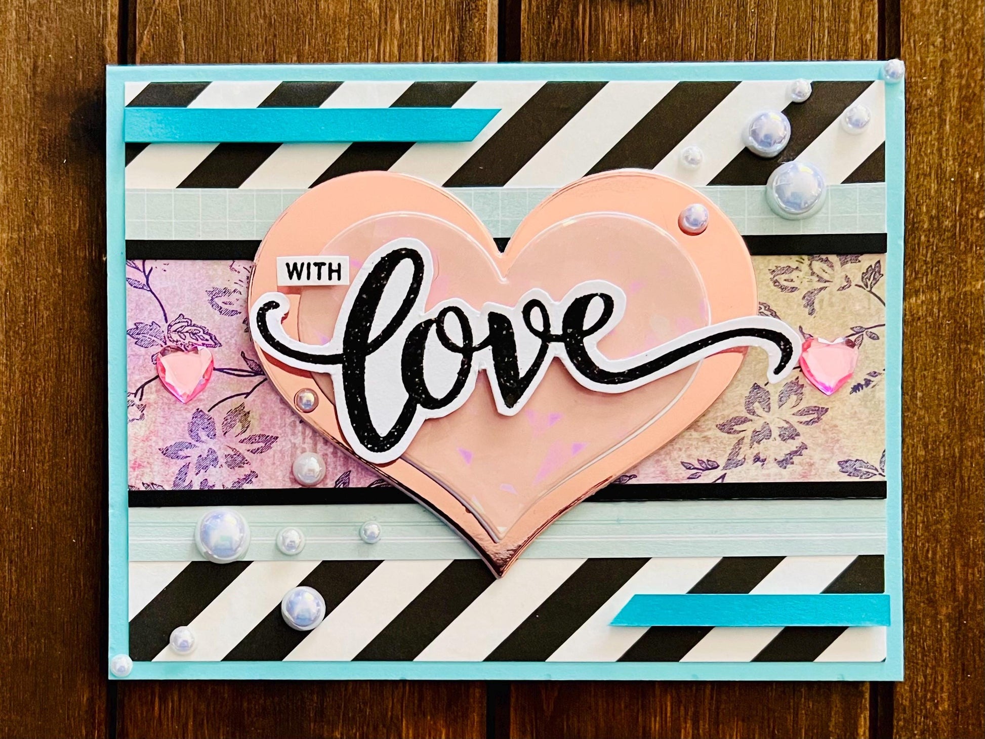 Black and White Diagonal Striped Background and Large Pink Heart With Love Card