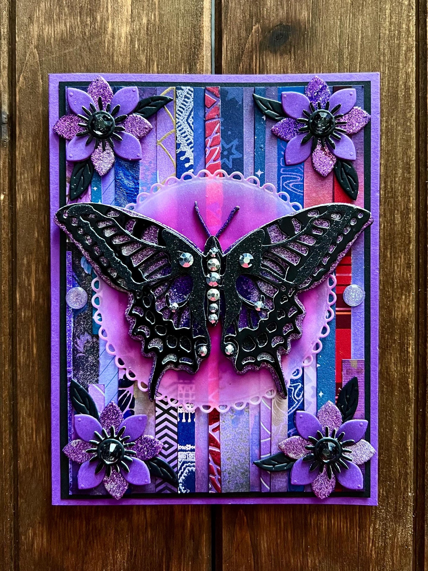 Black and Purple Swallowtail Butterfly Patterned Strip Background Blank Card