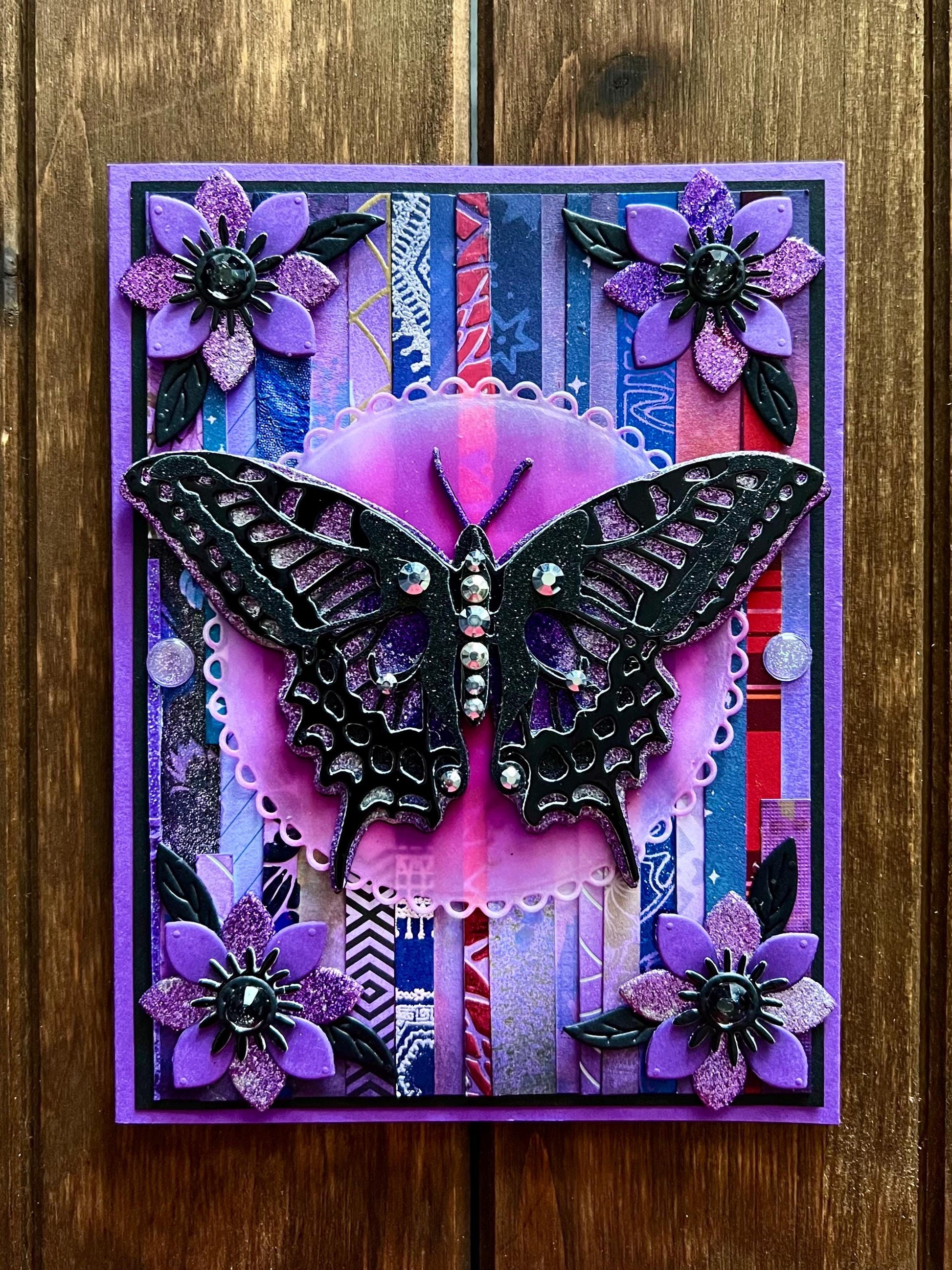 Black and Purple Swallowtail Butterfly Patterned Strip Background Blank Card