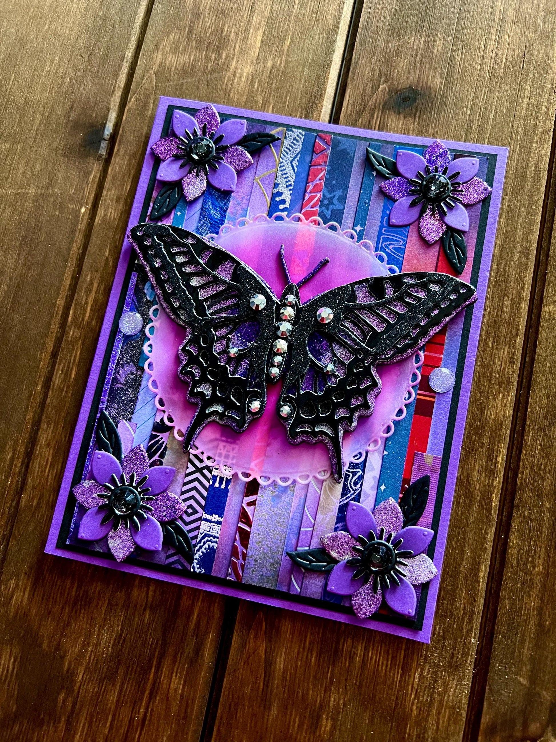Black and Purple Swallowtail Butterfly Patterned Strip Background Blank Card