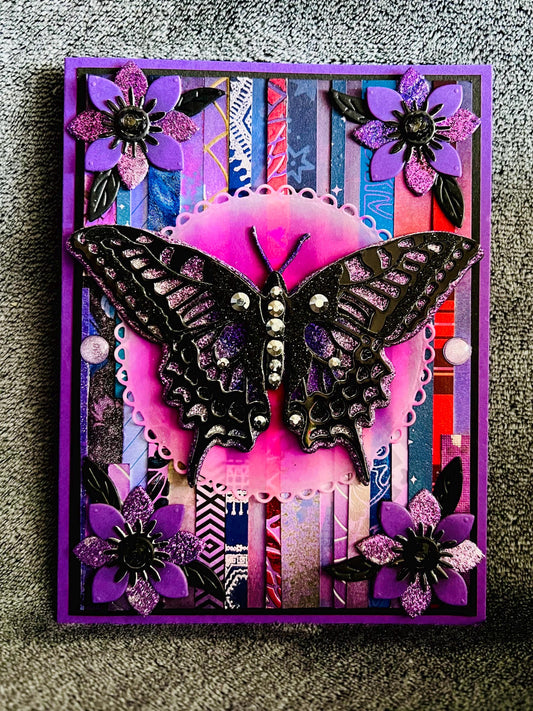 Black and Purple Swallowtail Butterfly Patterned Strip Background Blank Card