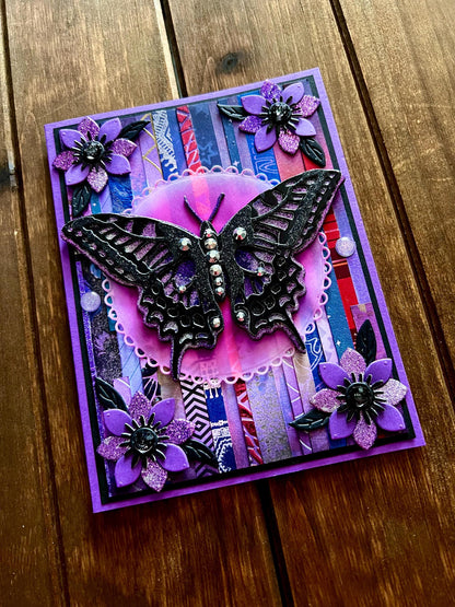 Black and Purple Swallowtail Butterfly Patterned Strip Background Blank Card