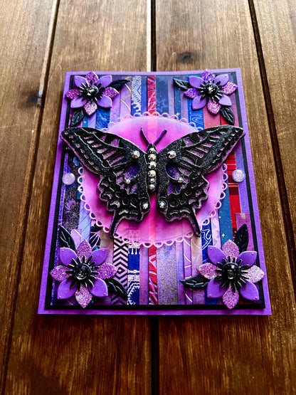 Black and Purple Swallowtail Butterfly Patterned Strip Background Blank Card