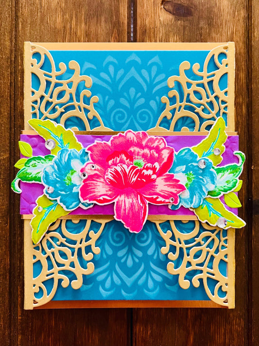 Dimensional Silver Glitter Butterly Framed with Orange and Blue Flowers Blank Card