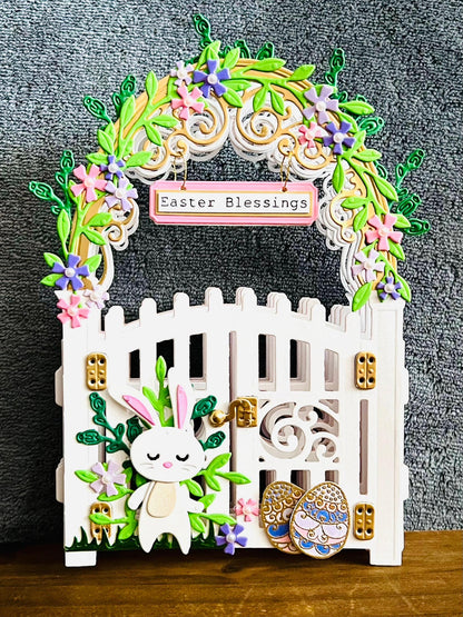3D Garden Gate with Bunny Easter Blessings Vignette with Blank Card Insert - A Whimsical Holiday Scene with Playful Bunny Design for Spring