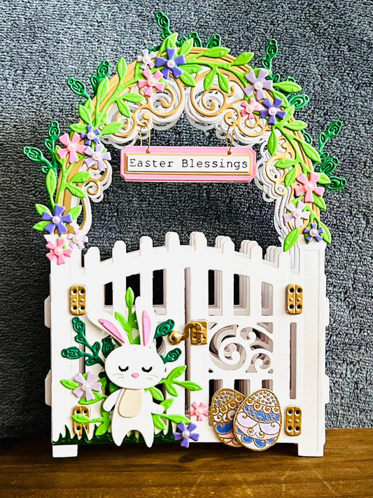 3D Garden Gate with Bunny Easter Blessings Vignette with Blank Card Insert - A Whimsical Holiday Scene with Playful Bunny Design for Spring