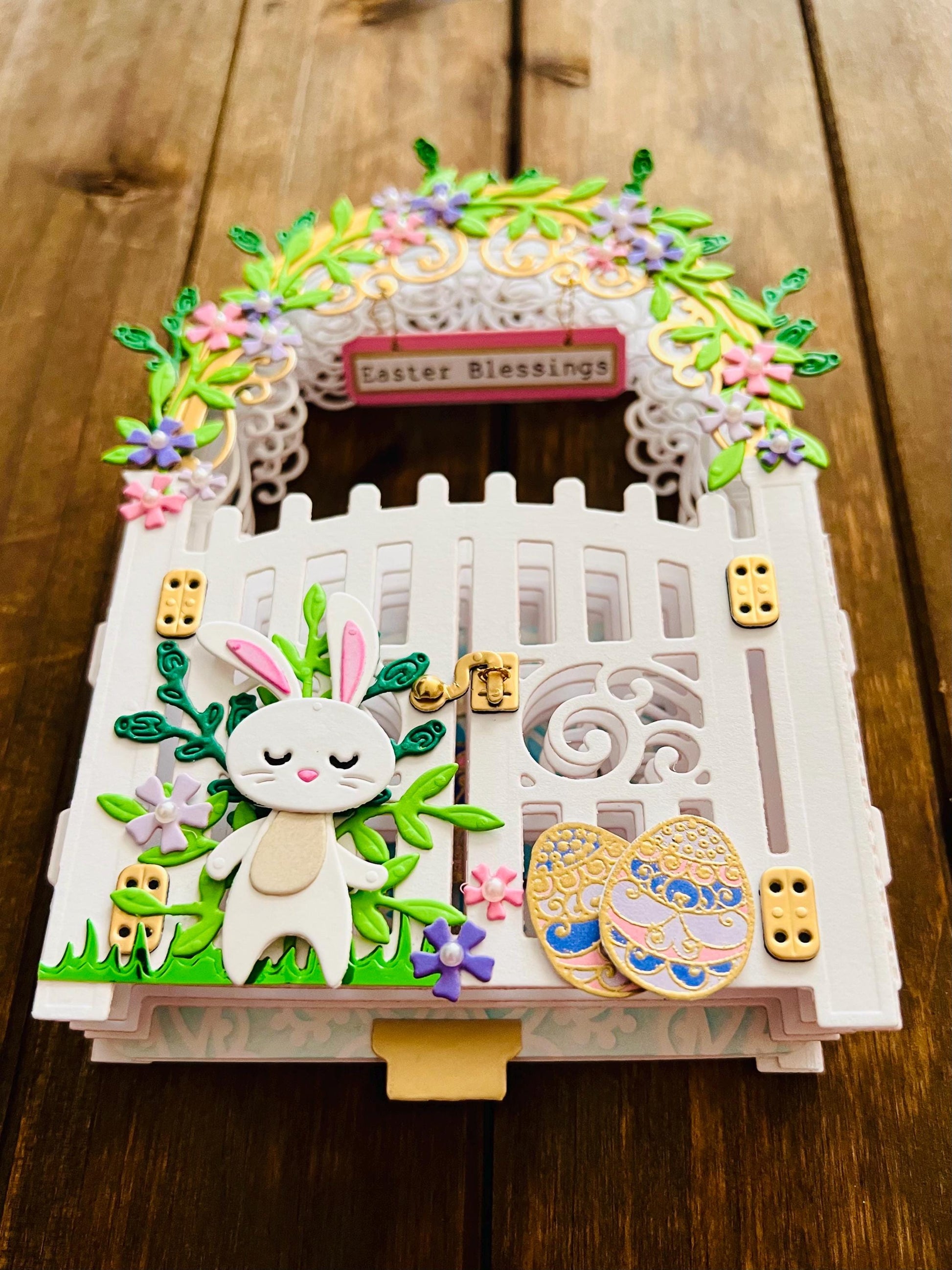 3D Garden Gate with Bunny Easter Blessings Vignette with Blank Card Insert - A Whimsical Holiday Scene with Playful Bunny Design for Spring
