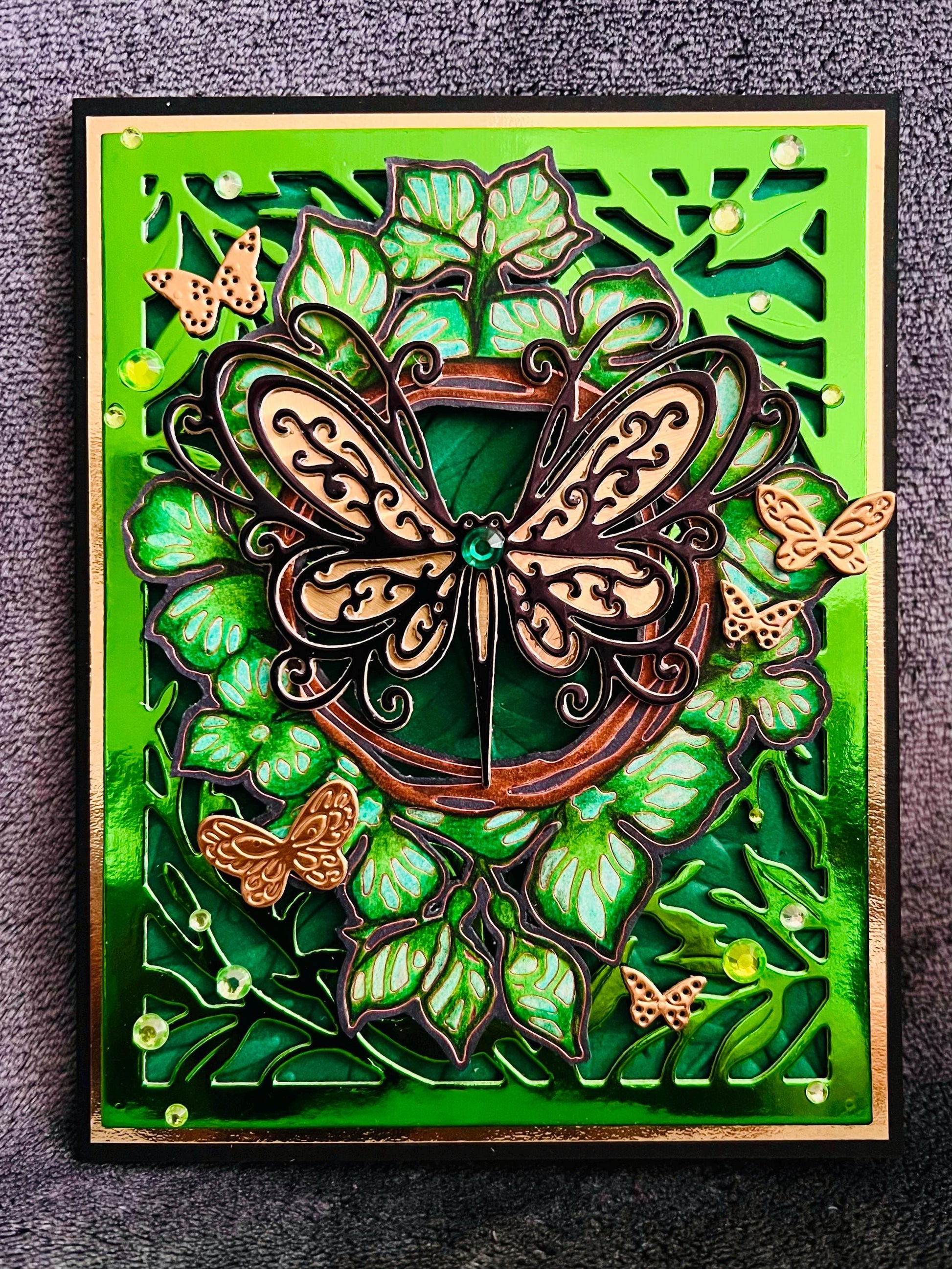 Black and Gold Butterflies with Green Foliage Blank Card