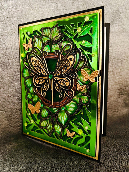 Black and Gold Butterflies with Green Foliage Blank Card