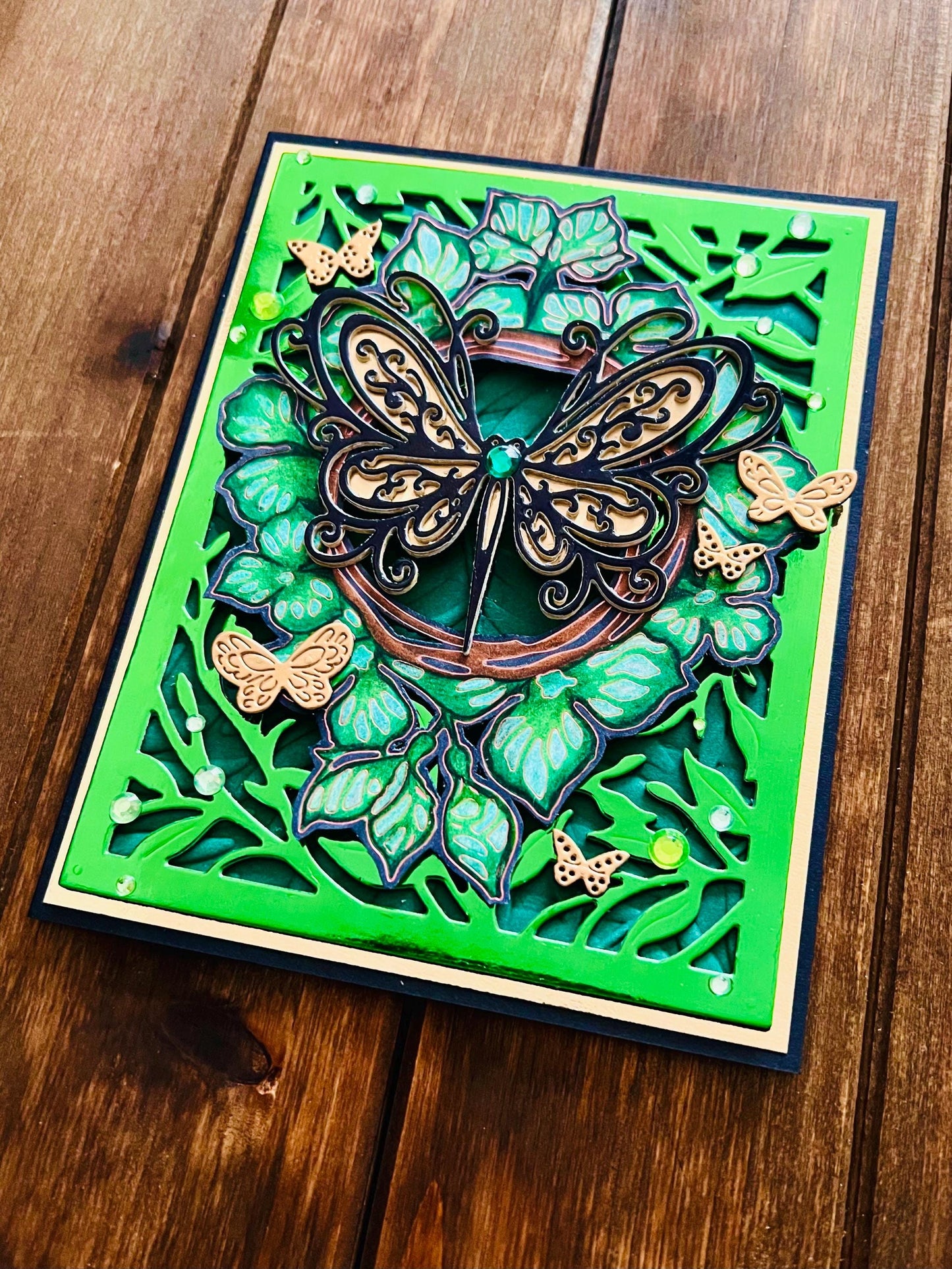 Black and Gold Butterflies with Green Foliage Blank Card