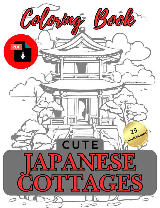 Cute Japanese Cottages, provides 25 unique illustrations for your enjoyment | A PDF Downloadable coloring book