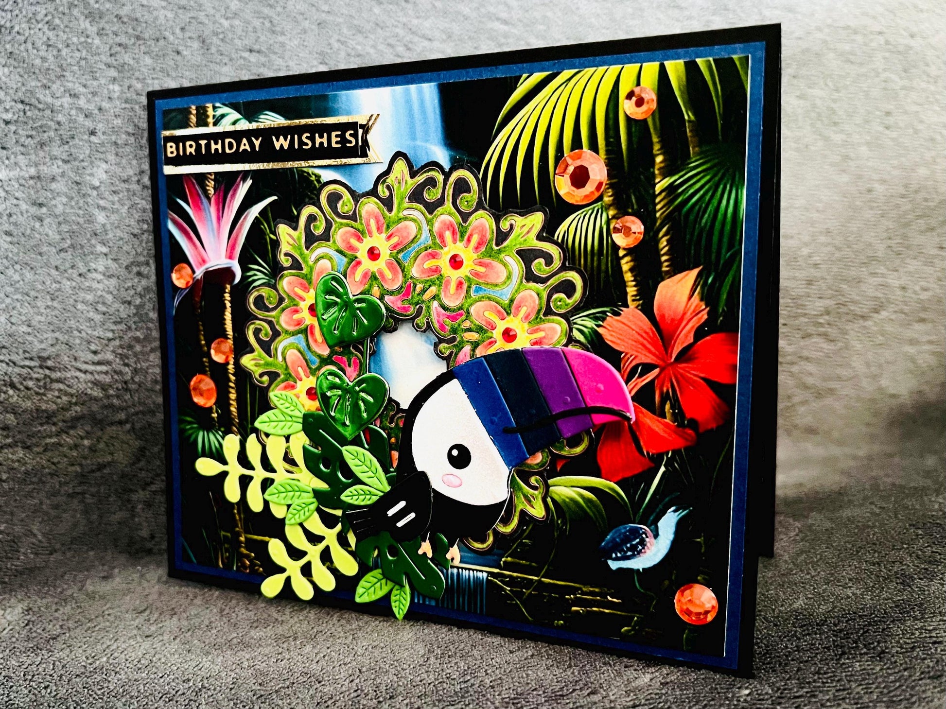 Colorful Toucan Birthday Card: Jungle Scene on Black Cardstock