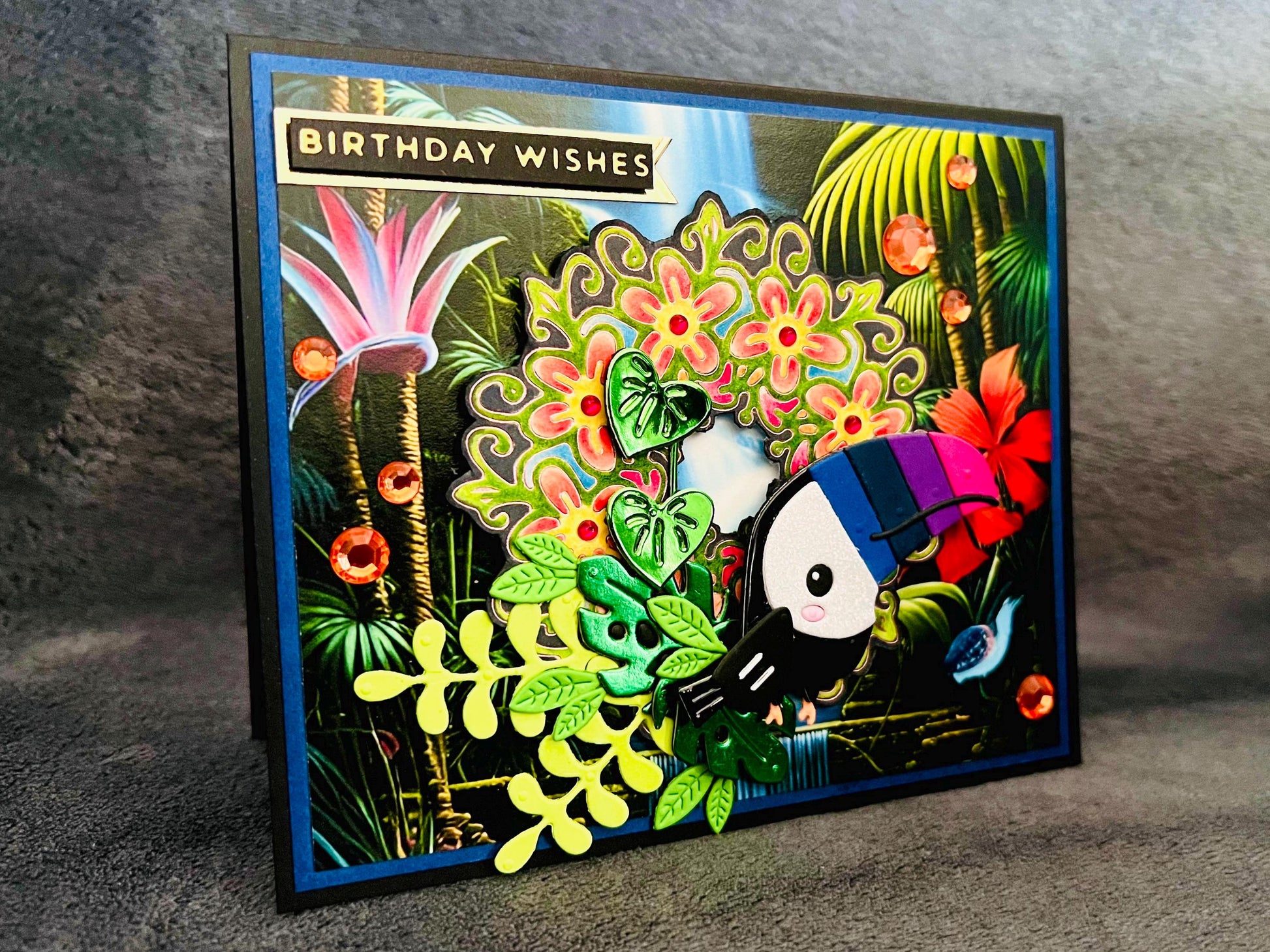 Colorful Toucan Birthday Card: Jungle Scene on Black Cardstock