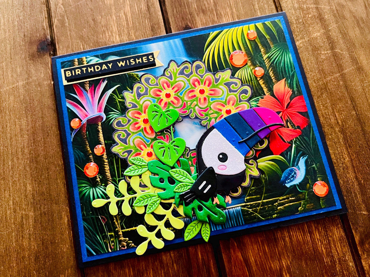 Colorful Toucan Birthday Card: Jungle Scene on Black Cardstock