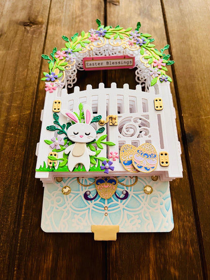 3D Garden Gate with Bunny Easter Blessings Vignette with Blank Card Insert - A Whimsical Holiday Scene with Playful Bunny Design for Spring