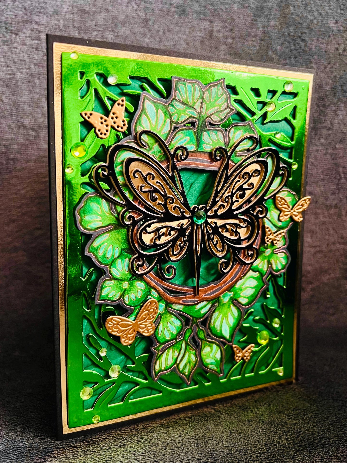 Black and Gold Butterflies with Green Foliage Blank Card