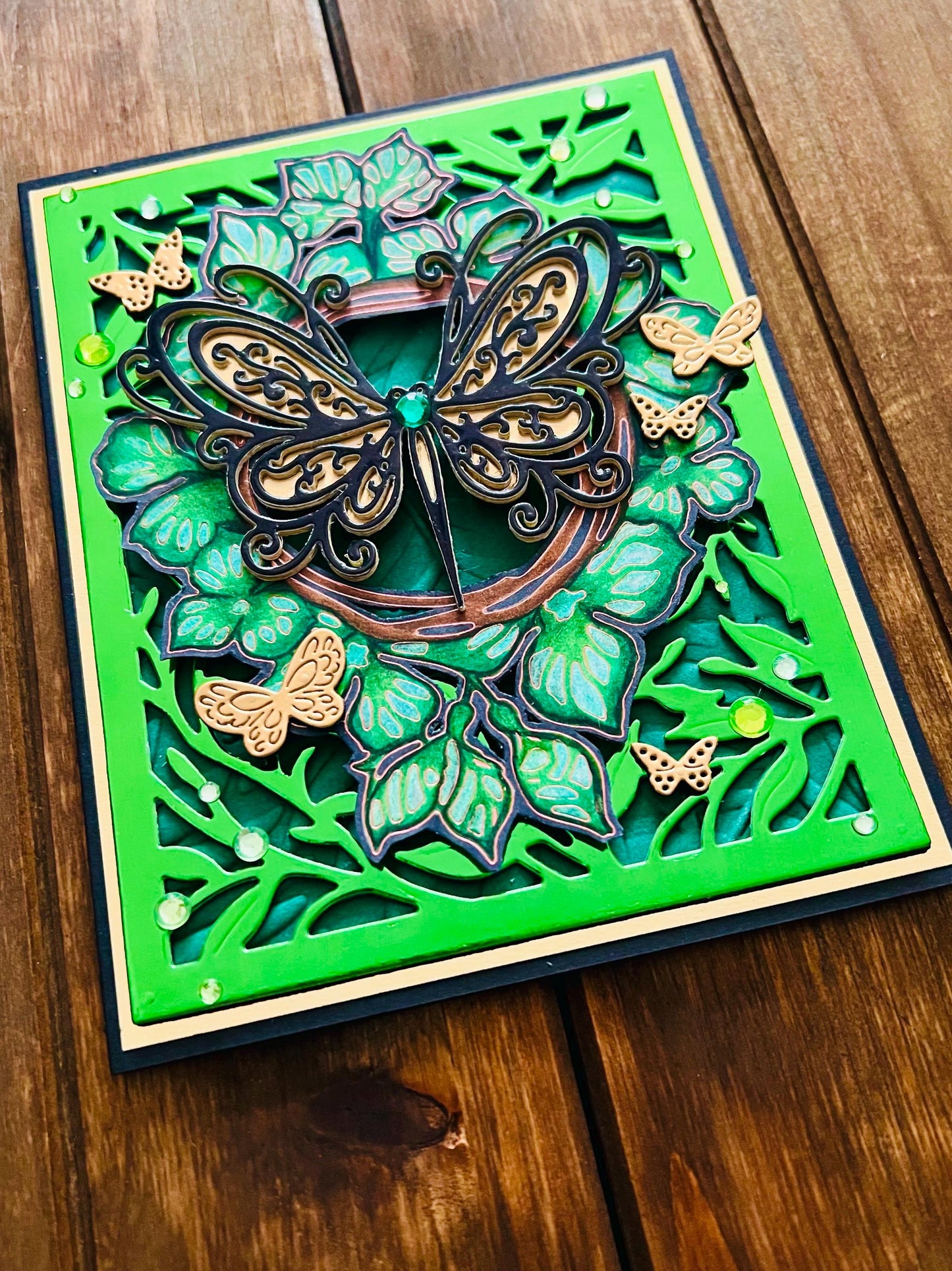 Black and Gold Butterflies with Green Foliage Blank Card