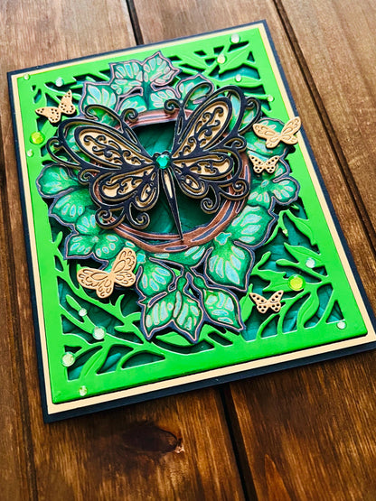 Black and Gold Butterflies with Green Foliage Blank Card