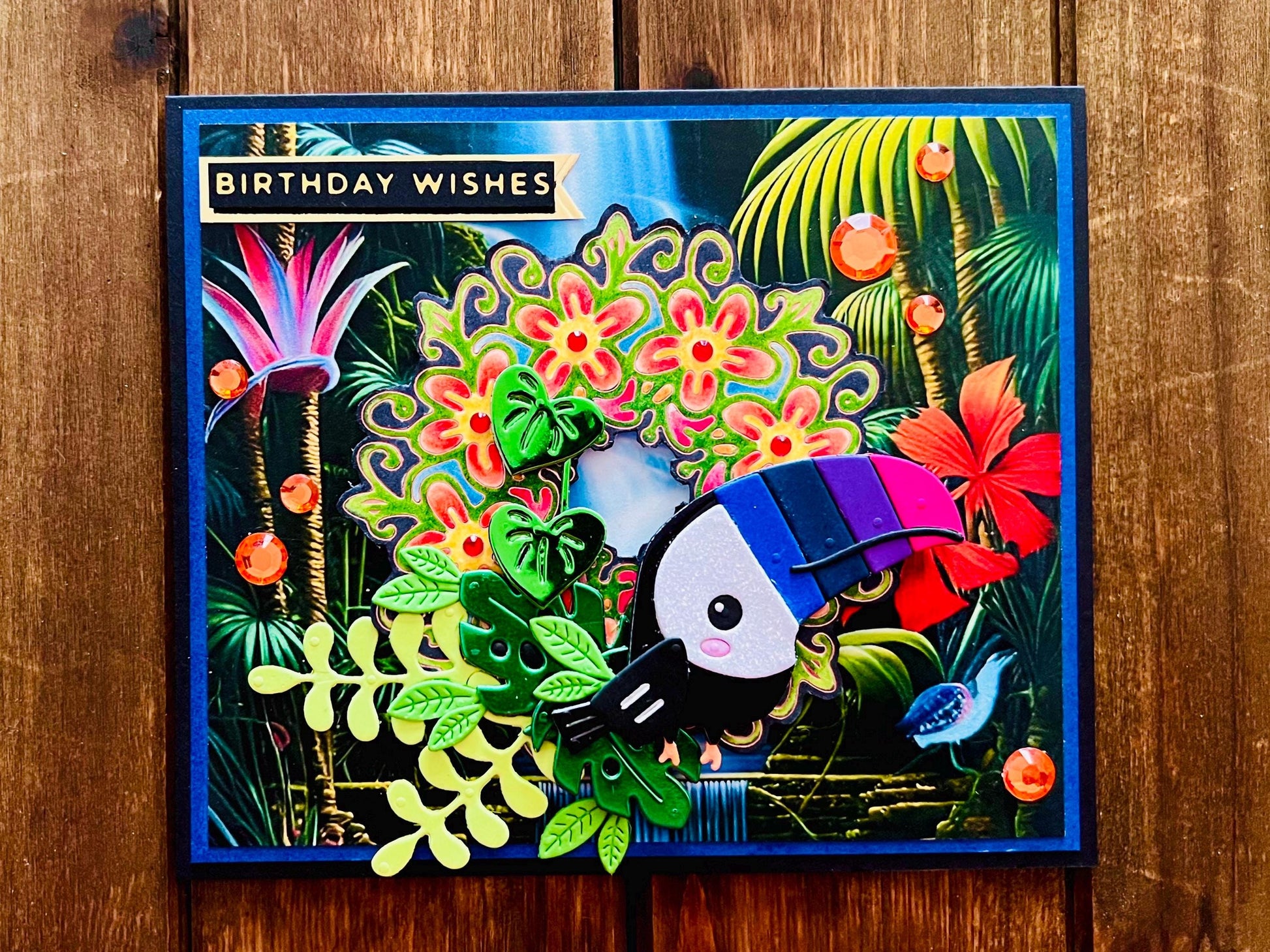 Colorful Toucan Birthday Card: Jungle Scene on Black Cardstock