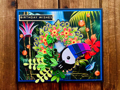 Colorful Toucan Birthday Card: Jungle Scene on Black Cardstock