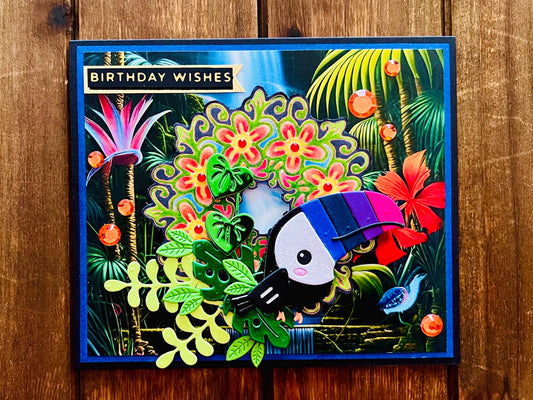 Colorful Toucan Birthday Card: Jungle Scene on Black Cardstock