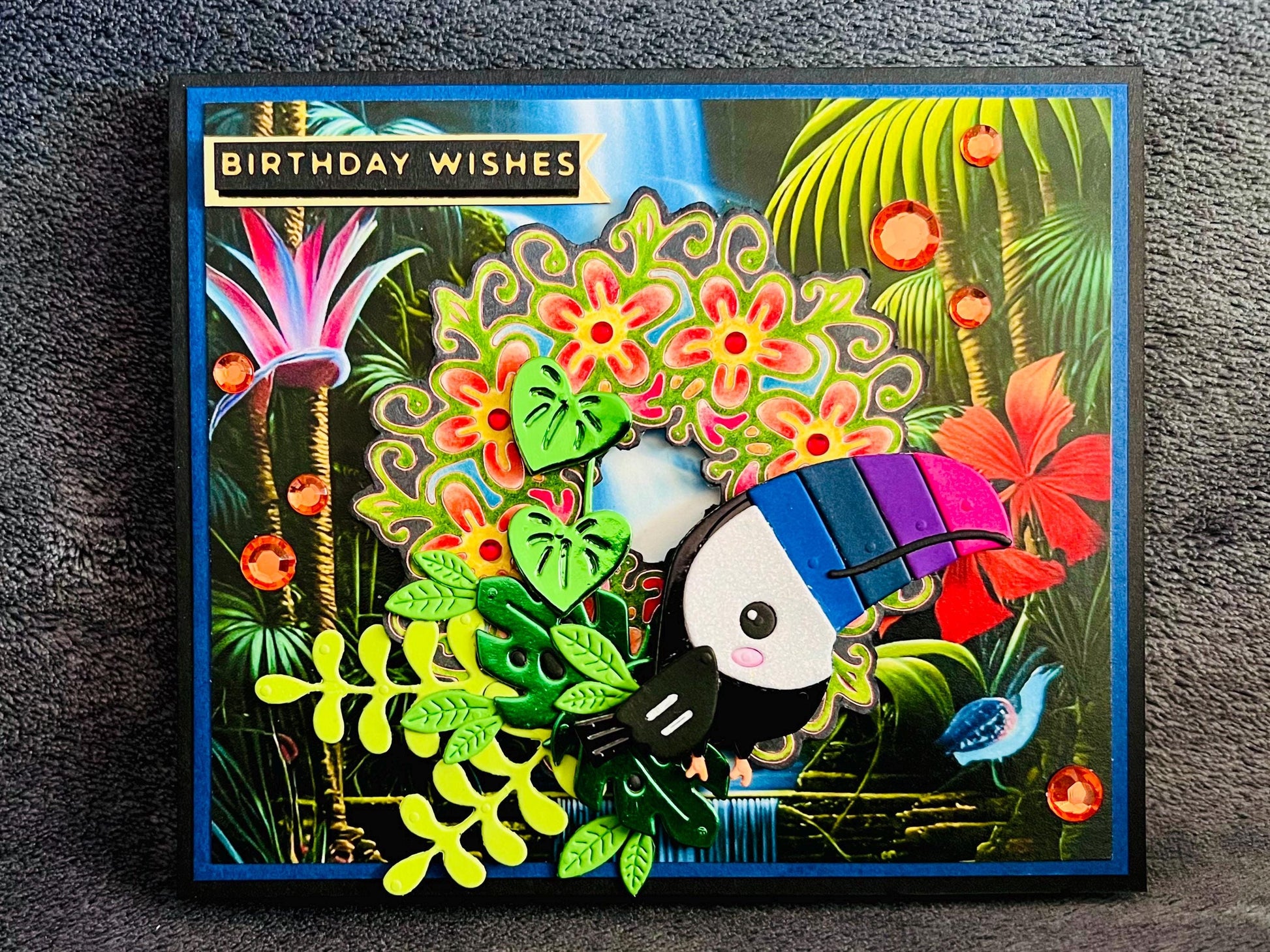 Colorful Toucan Birthday Card: Jungle Scene on Black Cardstock