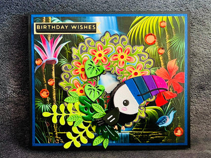 Colorful Toucan Birthday Card: Jungle Scene on Black Cardstock