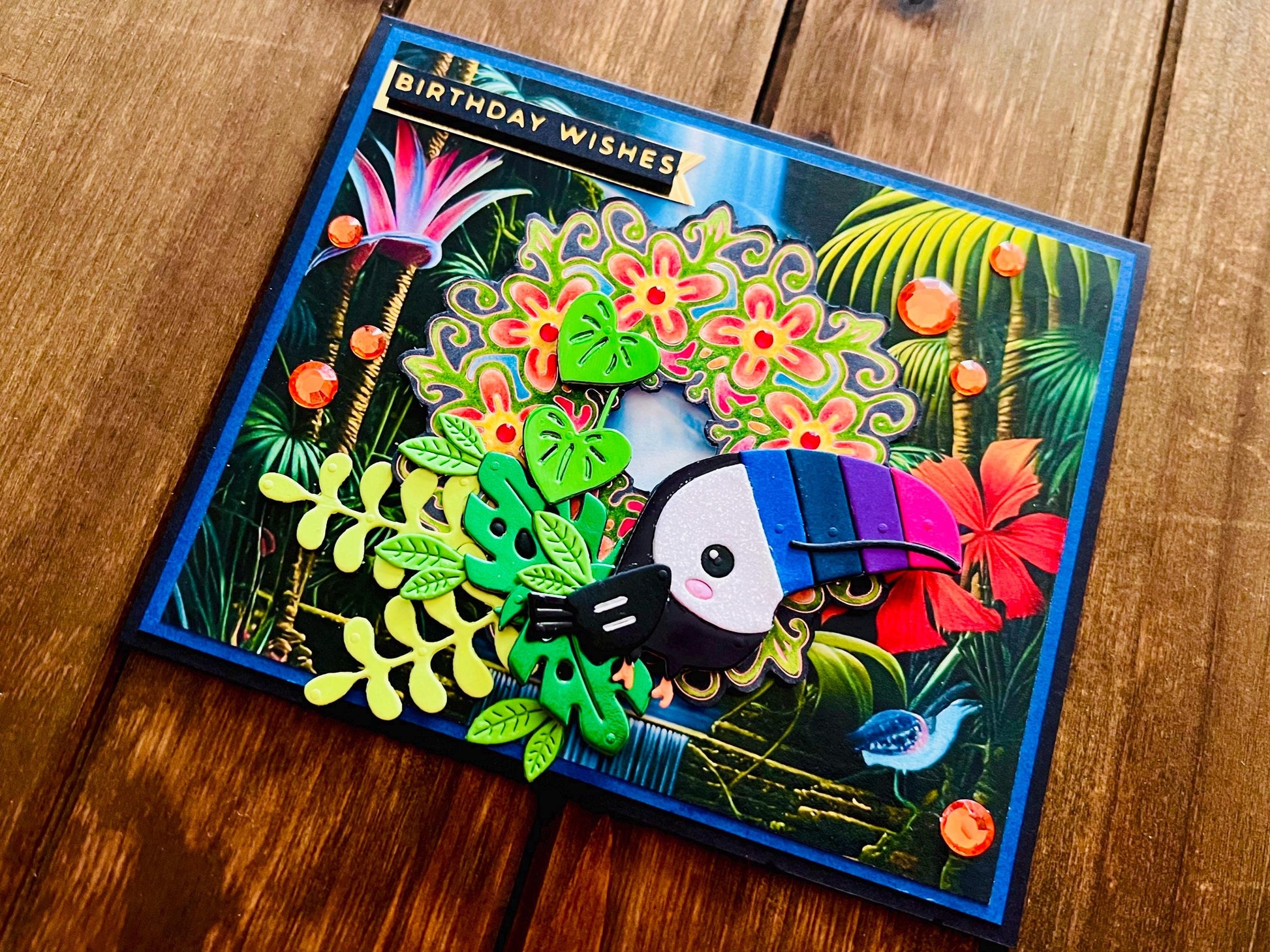 Colorful Toucan Birthday Card: Jungle Scene on Black Cardstock