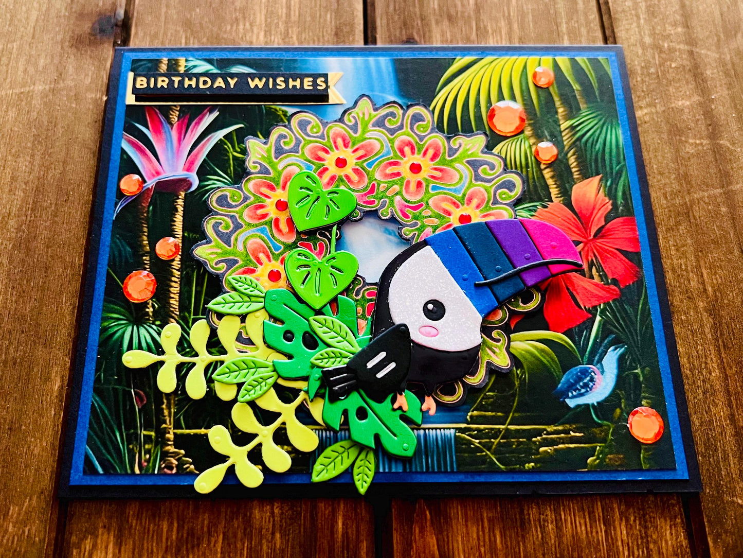 Colorful Toucan Birthday Card: Jungle Scene on Black Cardstock