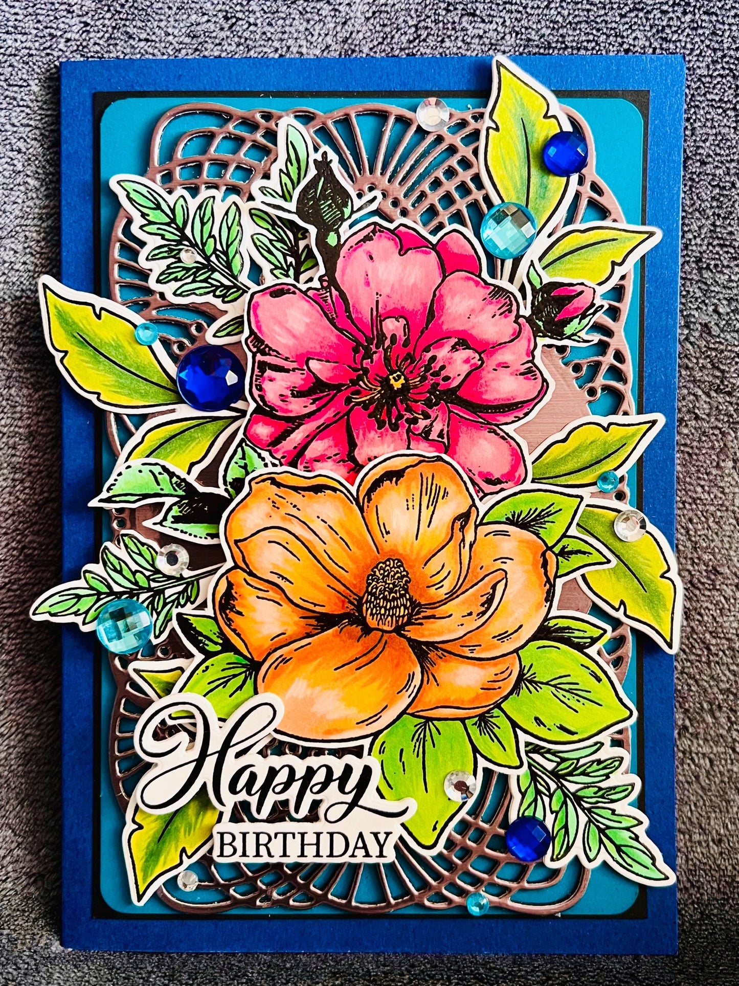 Orange Magnolia & Pink Rose Birthday Card – Floral Greeting | 4.5x6.5 Folded Card with Envelope Included