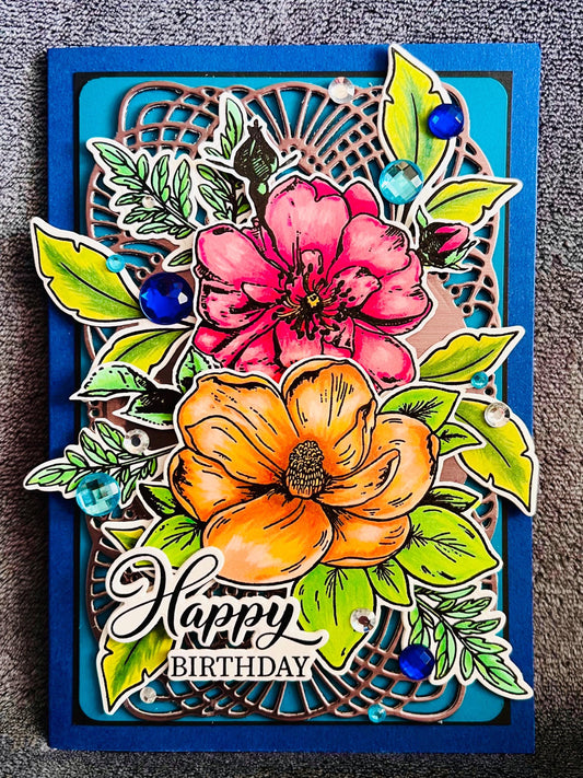 Orange Magnolia & Pink Rose Birthday Card – Floral Greeting | 4.5x6.5 Folded Card with Envelope Included