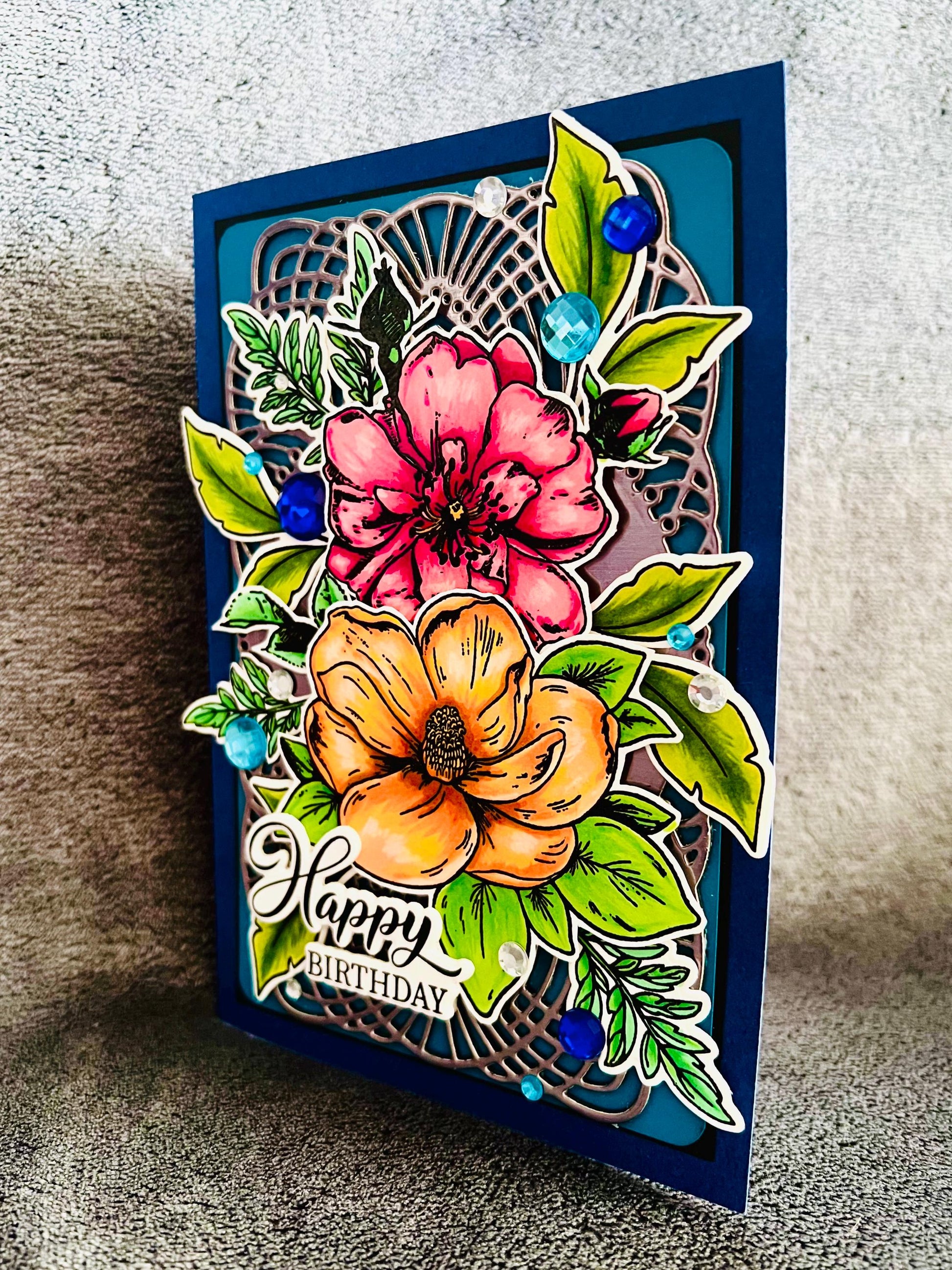 Orange Magnolia & Pink Rose Birthday Card – Floral Greeting | 4.5x6.5 Folded Card with Envelope Included