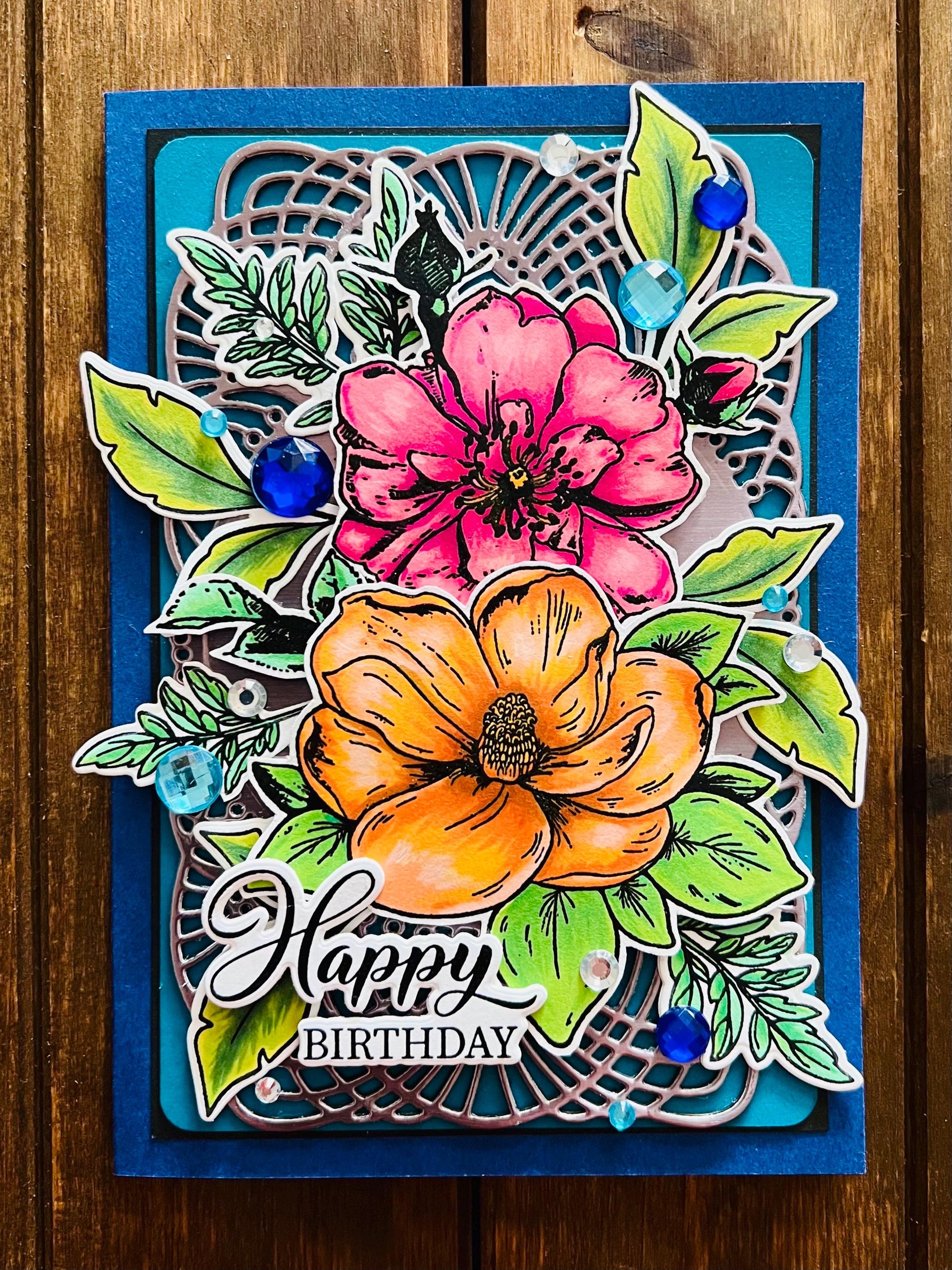 Orange Magnolia & Pink Rose Birthday Card – Floral Greeting | 4.5x6.5 Folded Card with Envelope Included