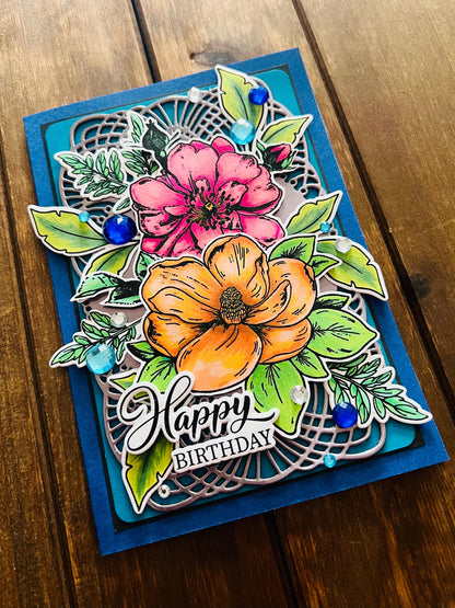 Orange Magnolia & Pink Rose Birthday Card – Floral Greeting | 4.5x6.5 Folded Card with Envelope Included