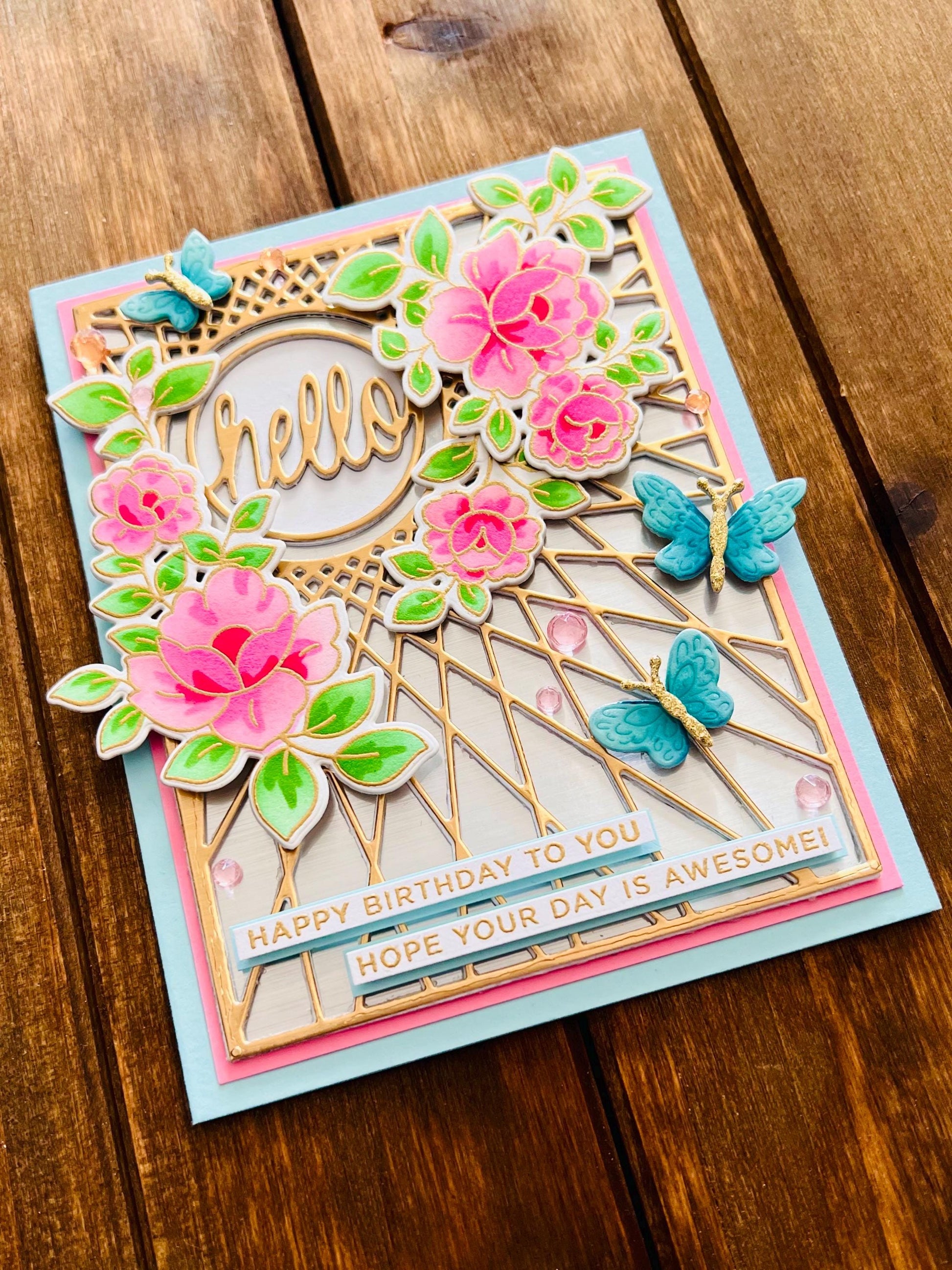 Floral Butterfly Birthday Card: Gold Geometric Design