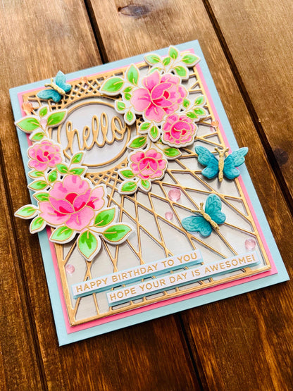 Floral Butterfly Birthday Card: Gold Geometric Design