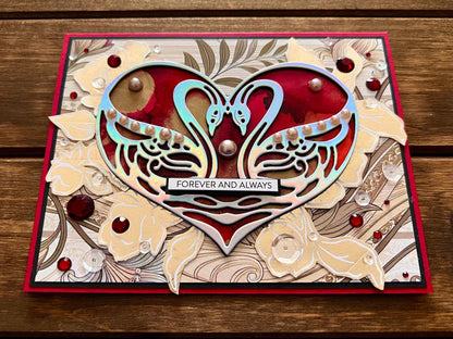 Holographic Swan Love Card: Red Alcohol Ink Heart, Wedding Occasion