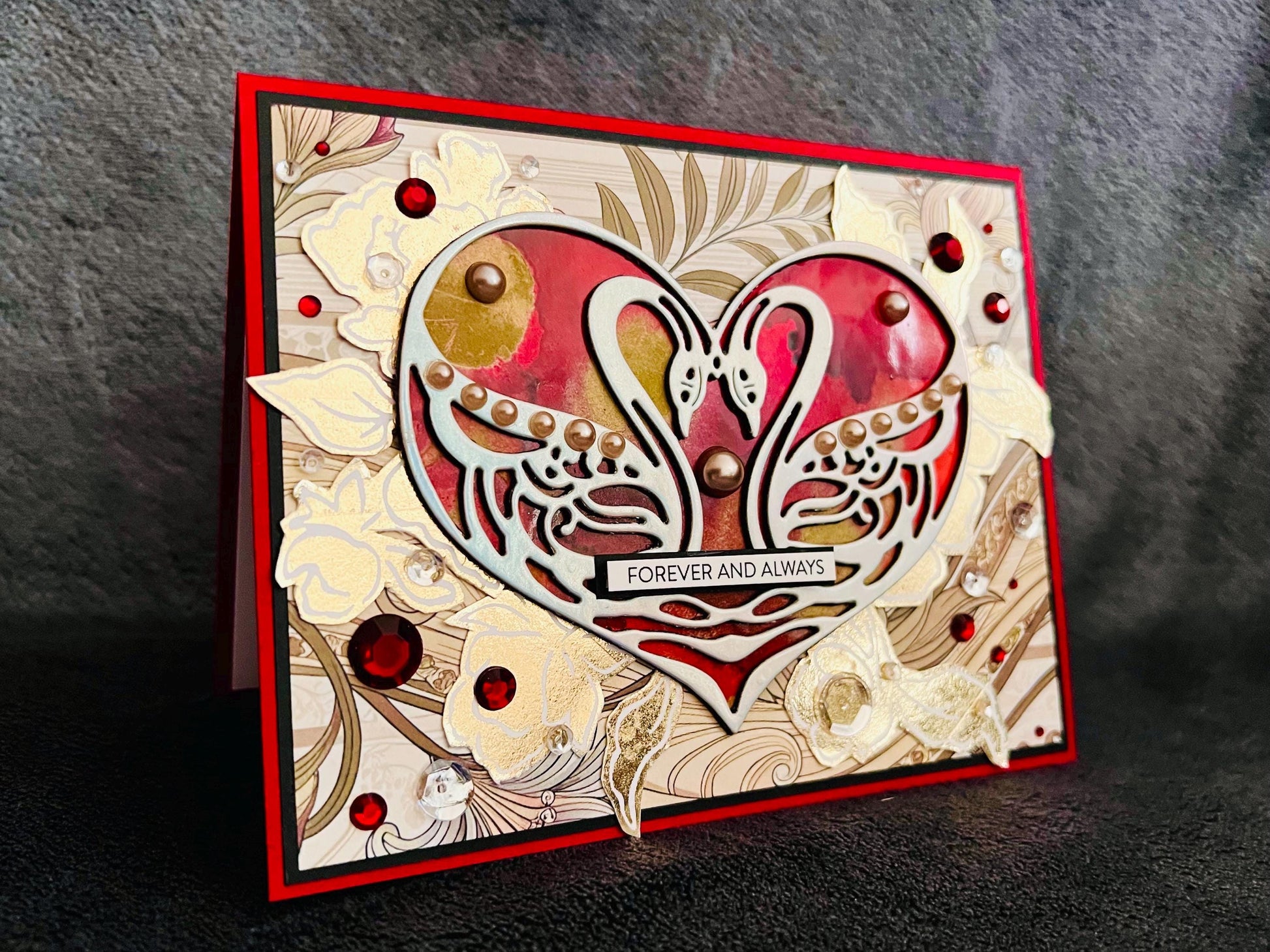 Holographic Swan Love Card: Red Alcohol Ink Heart, Wedding Occasion