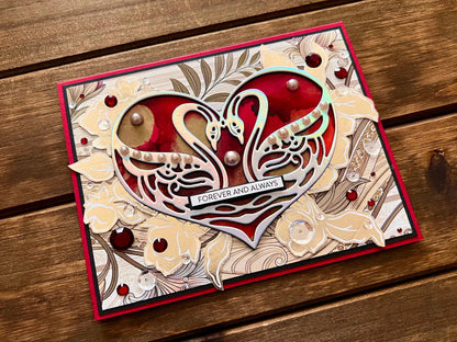 Holographic Swan Love Card: Red Alcohol Ink Heart, Wedding Occasion