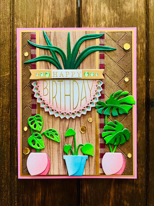 Potted Houseplants and Wood Panel Background Birthday Card