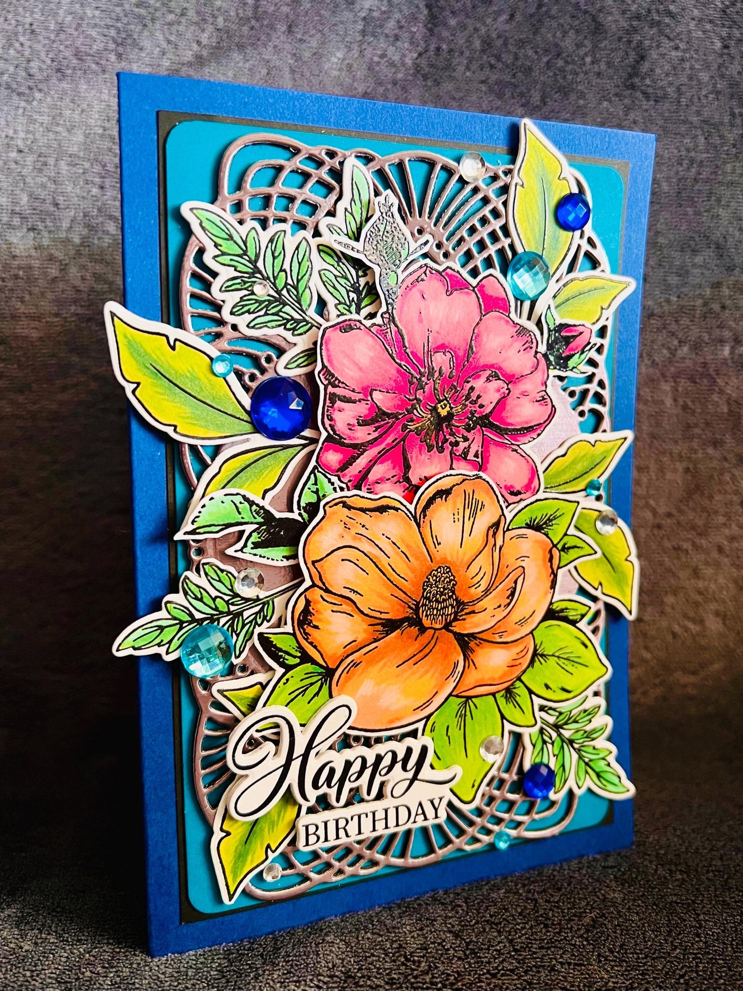 Orange Magnolia & Pink Rose Birthday Card – Floral Greeting | 4.5x6.5 Folded Card with Envelope Included