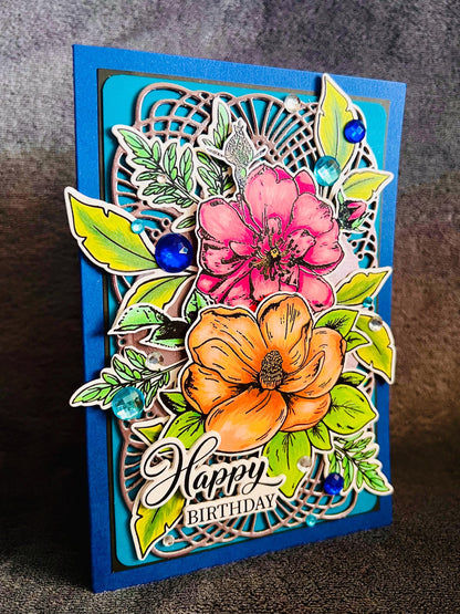 Orange Magnolia & Pink Rose Birthday Card – Floral Greeting | 4.5x6.5 Folded Card with Envelope Included