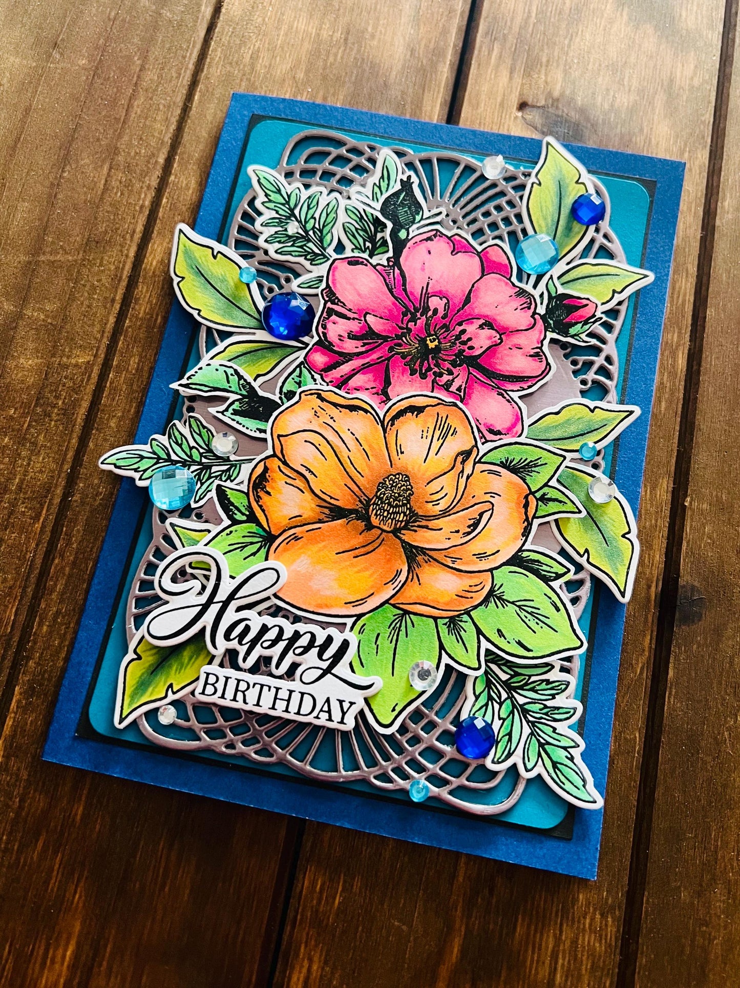 Orange Magnolia & Pink Rose Birthday Card – Floral Greeting | 4.5x6.5 Folded Card with Envelope Included