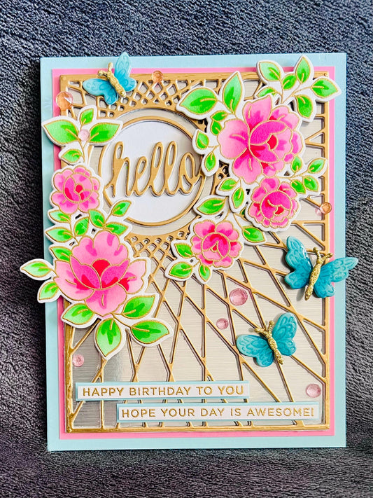 Floral Butterfly Birthday Card: Gold Geometric Design