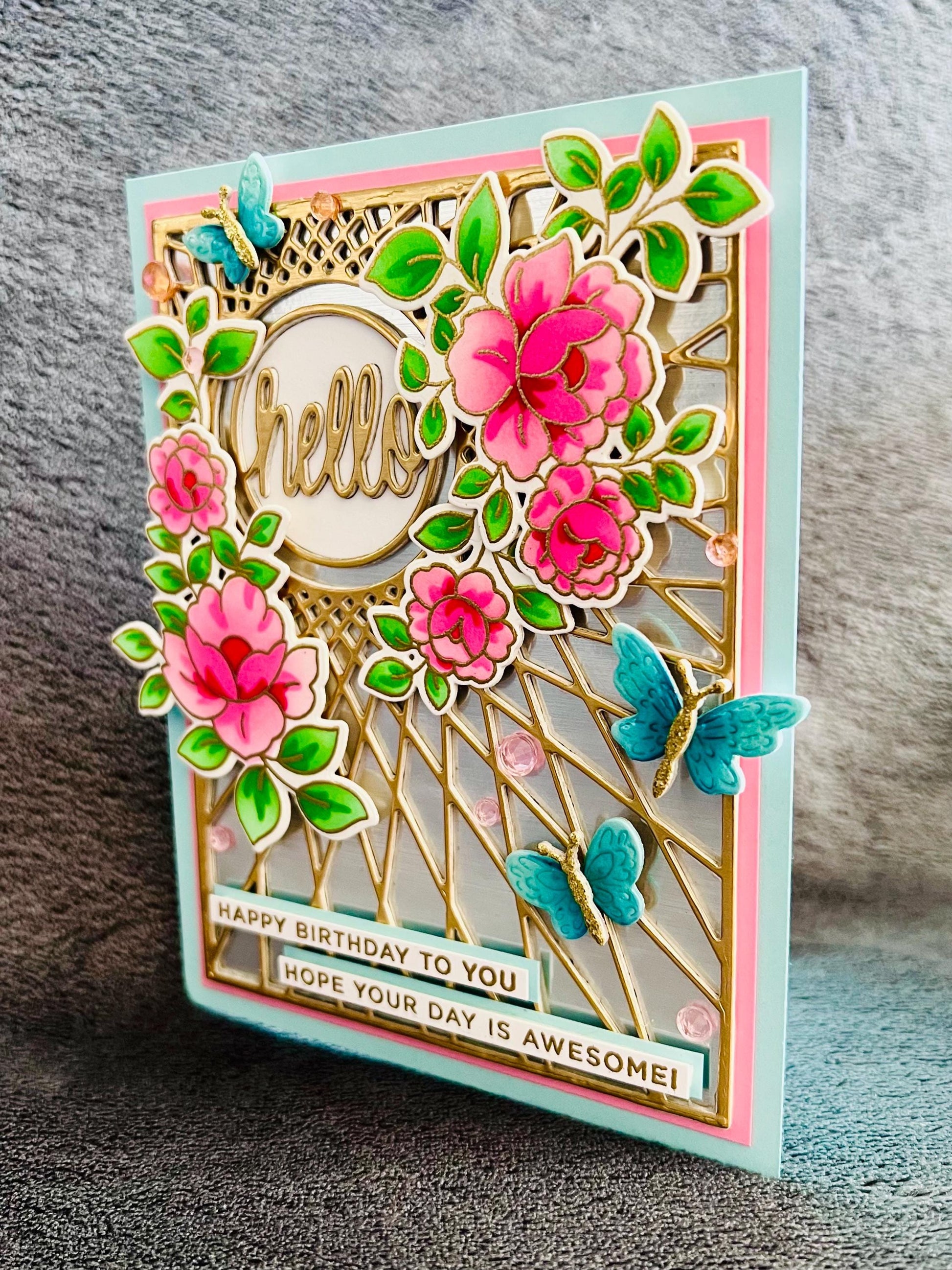 Floral Butterfly Birthday Card: Gold Geometric Design