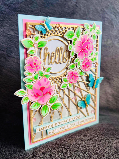 Floral Butterfly Birthday Card: Gold Geometric Design