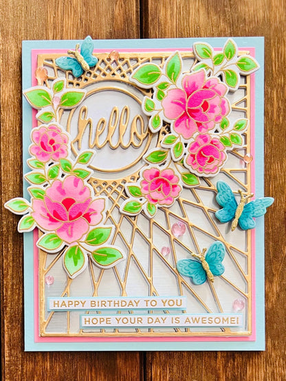 Floral Butterfly Birthday Card: Gold Geometric Design