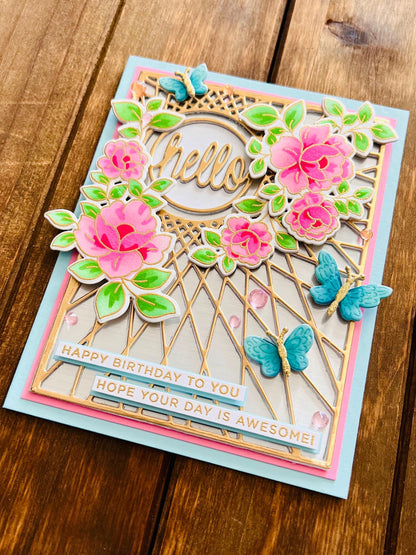 Floral Butterfly Birthday Card: Gold Geometric Design